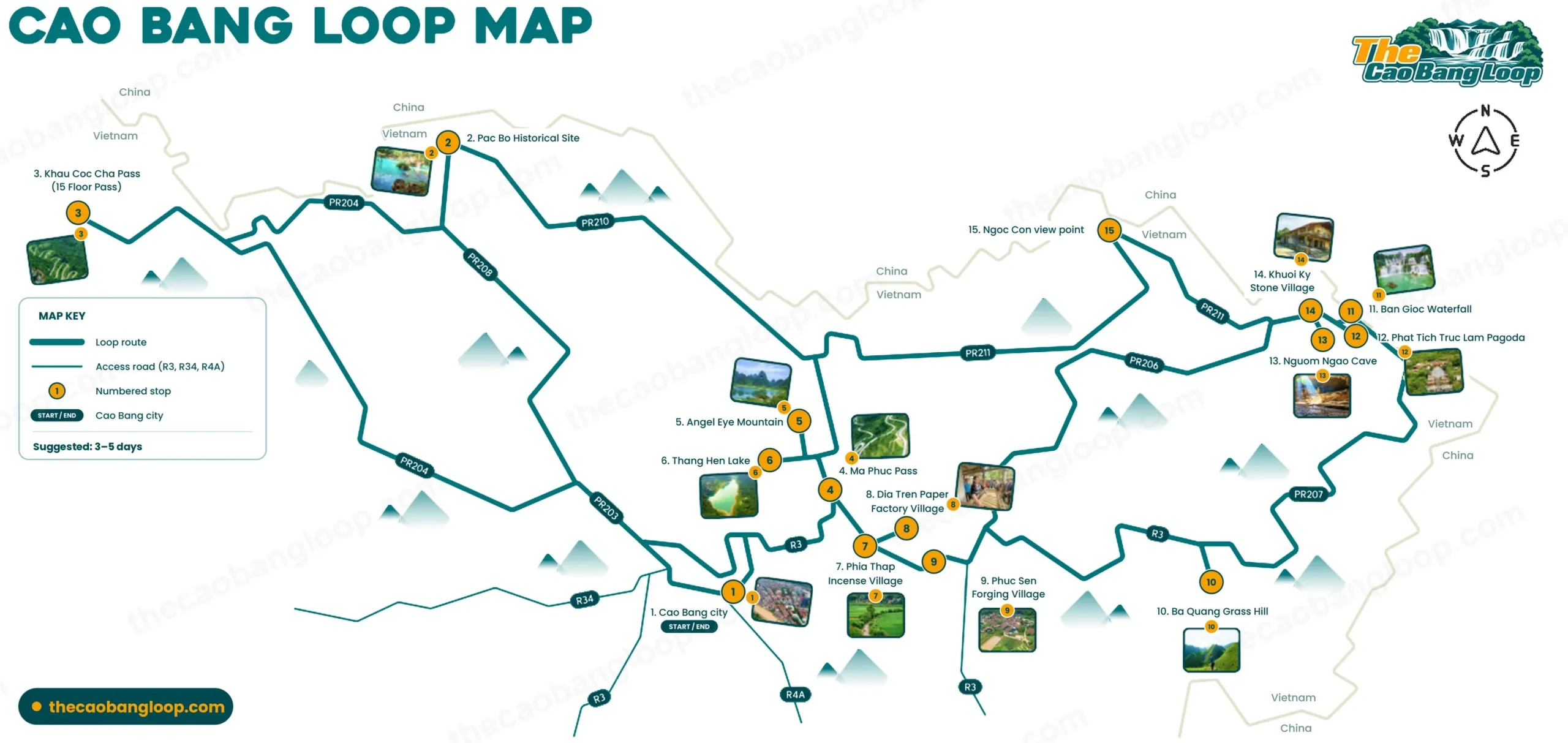 Cao Bang Loop route map with key stops